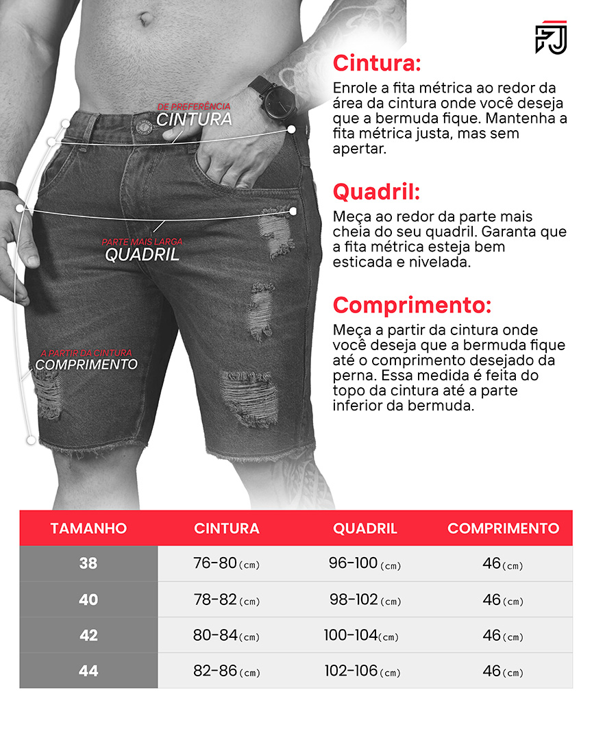 Tabela de medidas shorts sarja